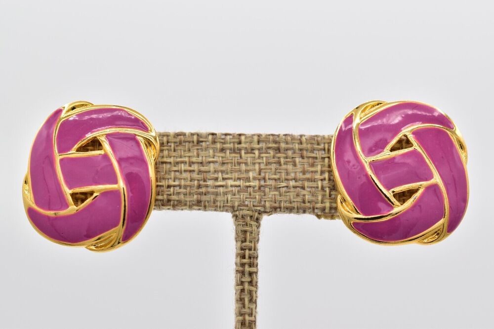 Vintage Knot Earrings Purple Enamel Gold Heavy Chunky NOS USA 1980s BinAE